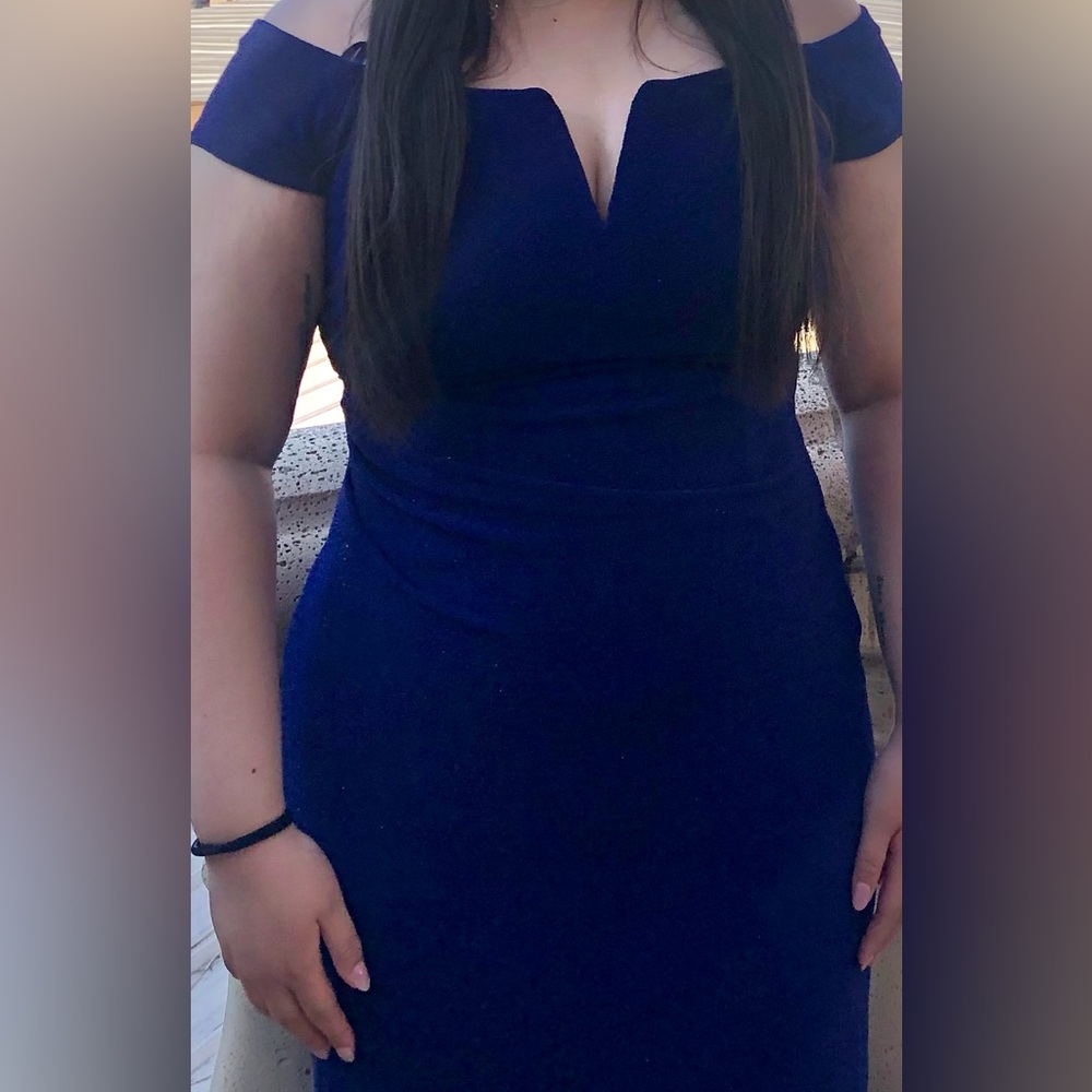 Xscape Cobalt Blue Glitter Stretch Off the Shoulder Evening Body Con Dress - Picture 2 of 10